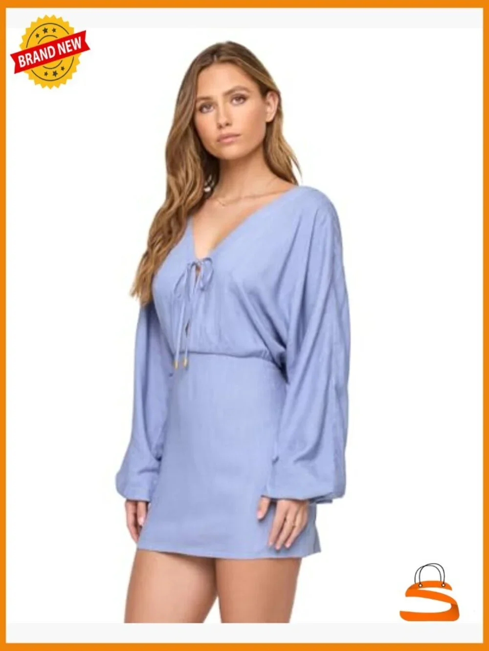 Relaxed Fit Coastal Cover-Up Mini Dress, Plunging V-Neck, Long Sleeve,